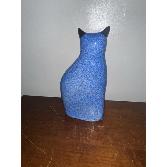 Vintage Enesco Cobalt Blue Flat Cat Spongeware Ceramic Statue Figurine 10 “ Tall - Picture 2 of 7